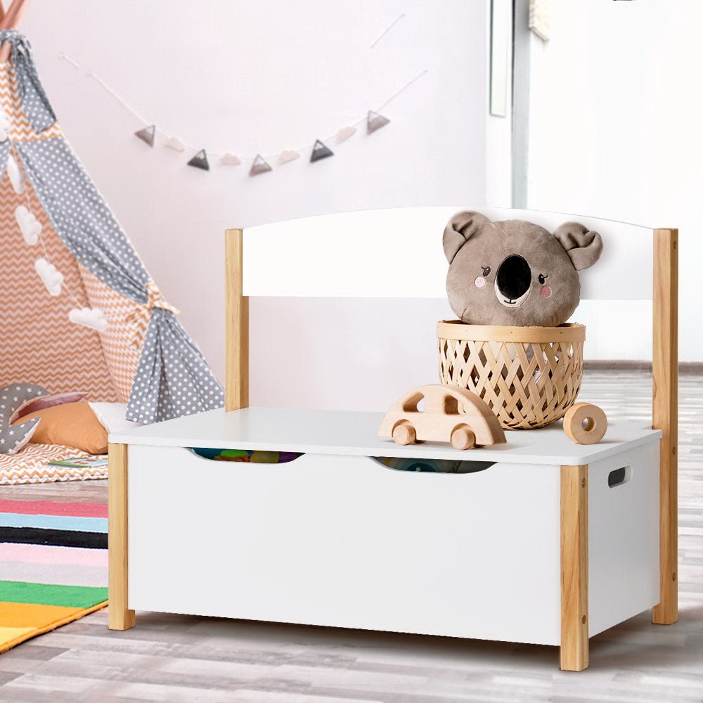 Imperial Homes 2-in-1 wooden toy storage bench with white body and natural wood accents in a kids room
