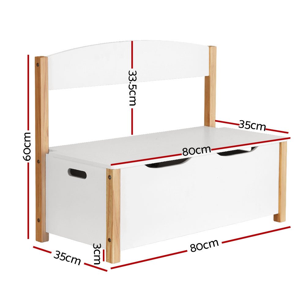 Imperial Homes 2-in-1 wooden toy storage bench with white finish and natural wood frame