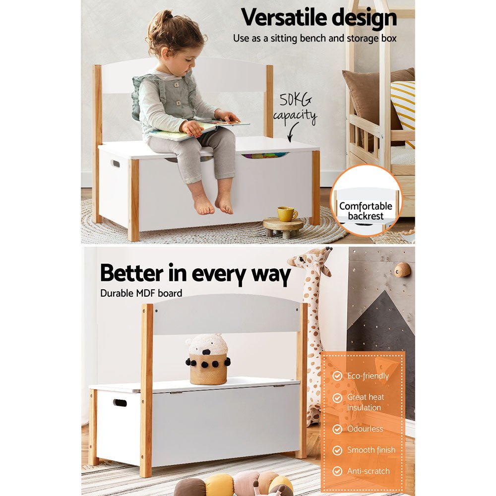 Imperial Homes 2-in-1 wooden toy storage with comfortable backrest and durable MDF board in white and wood finish