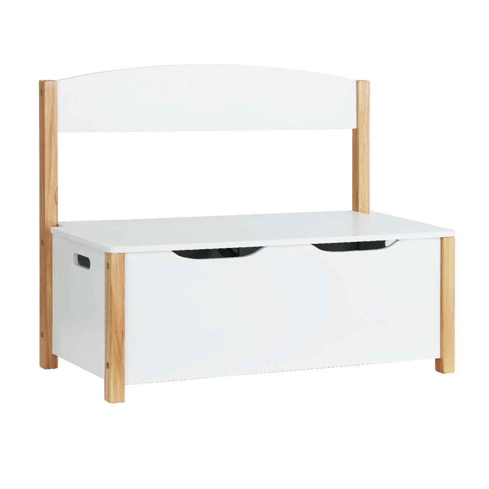 Imperial Homes 2-in-1 wooden toy storage bench with white finish and natural wood accents
