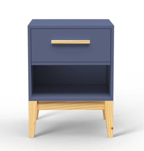 Blue wood side table for bedroom with single drawer and natural wooden legs by Imperial Homes