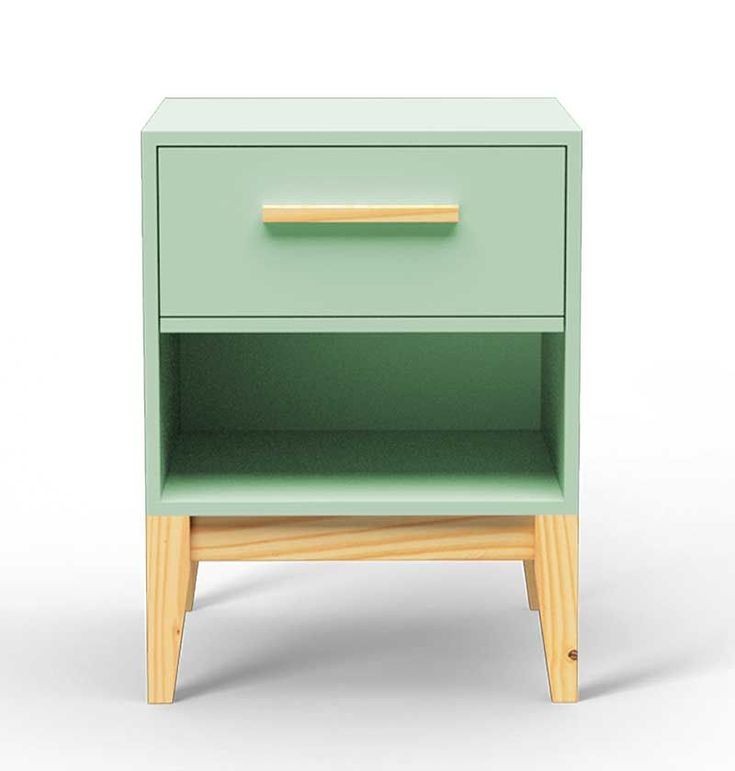 Blue wood side table for bedroom with drawer and open shelf on natural wooden legs