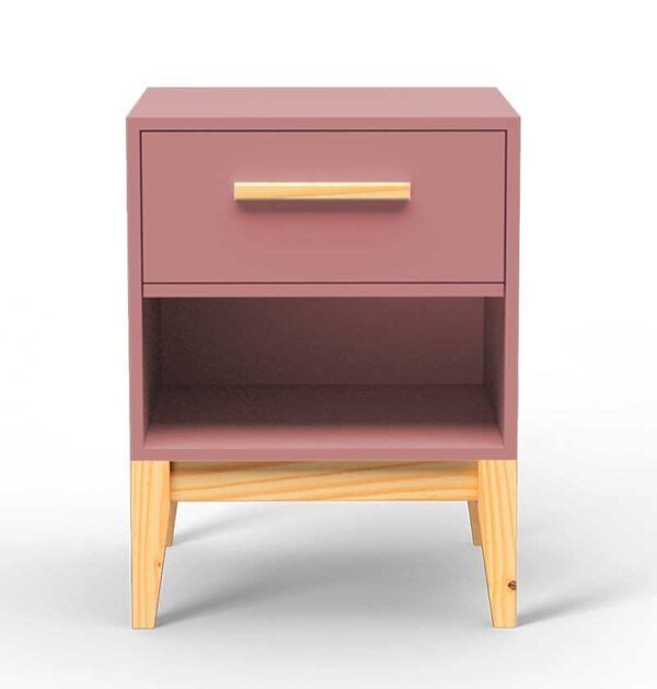 Imperial Homes pink wood side table with drawer and open shelf on wooden legs