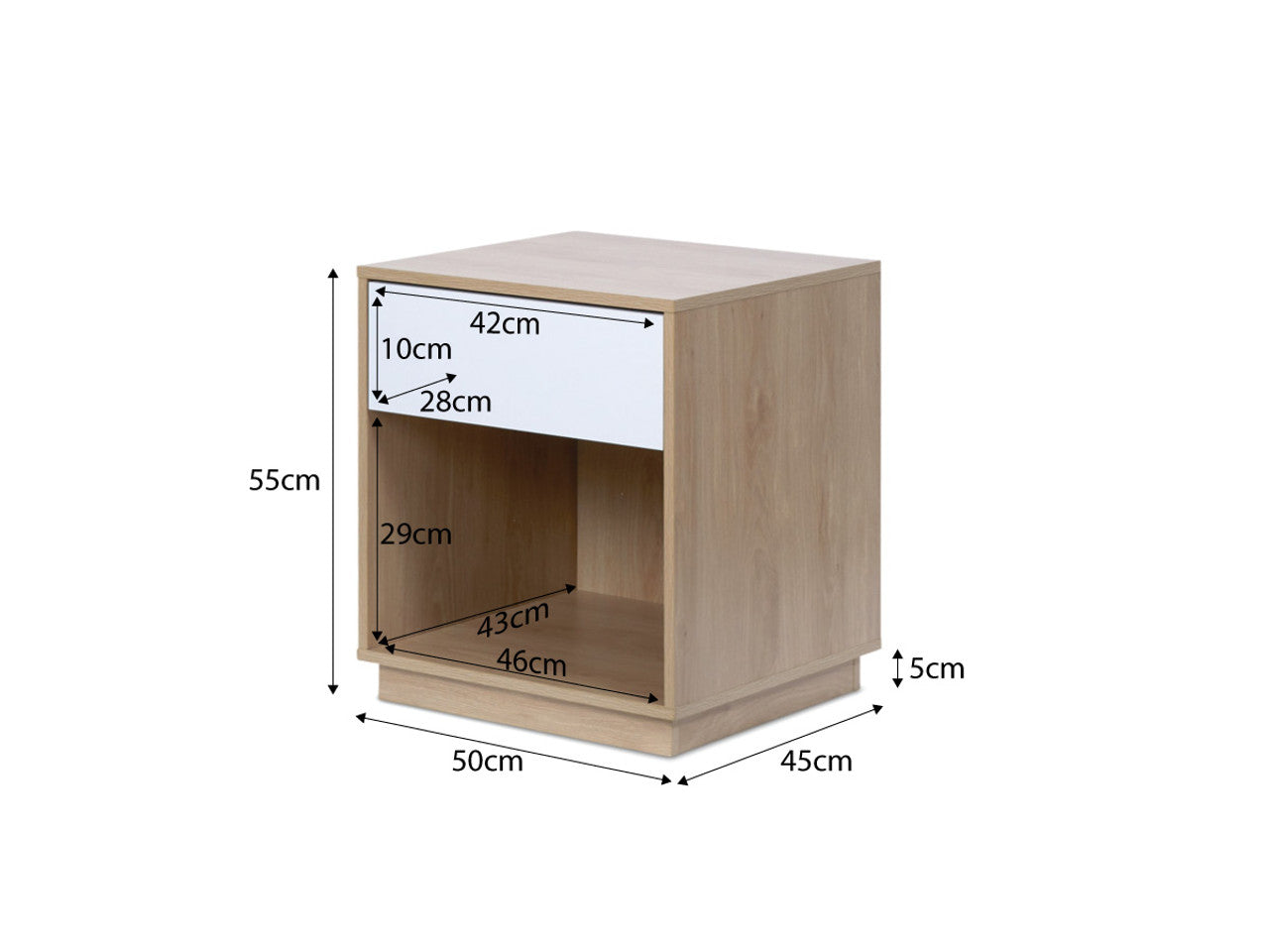 Imperial Homes coastal bedside pedestal in light wood with white drawer and dimensions