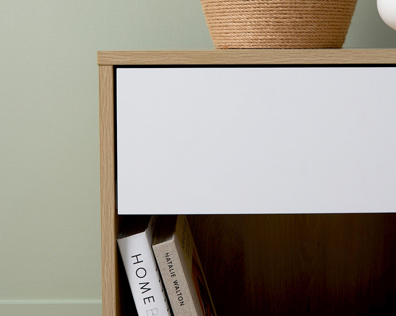 Imperial Homes coastal bedside pedestal with white drawer and lower shelf holding books