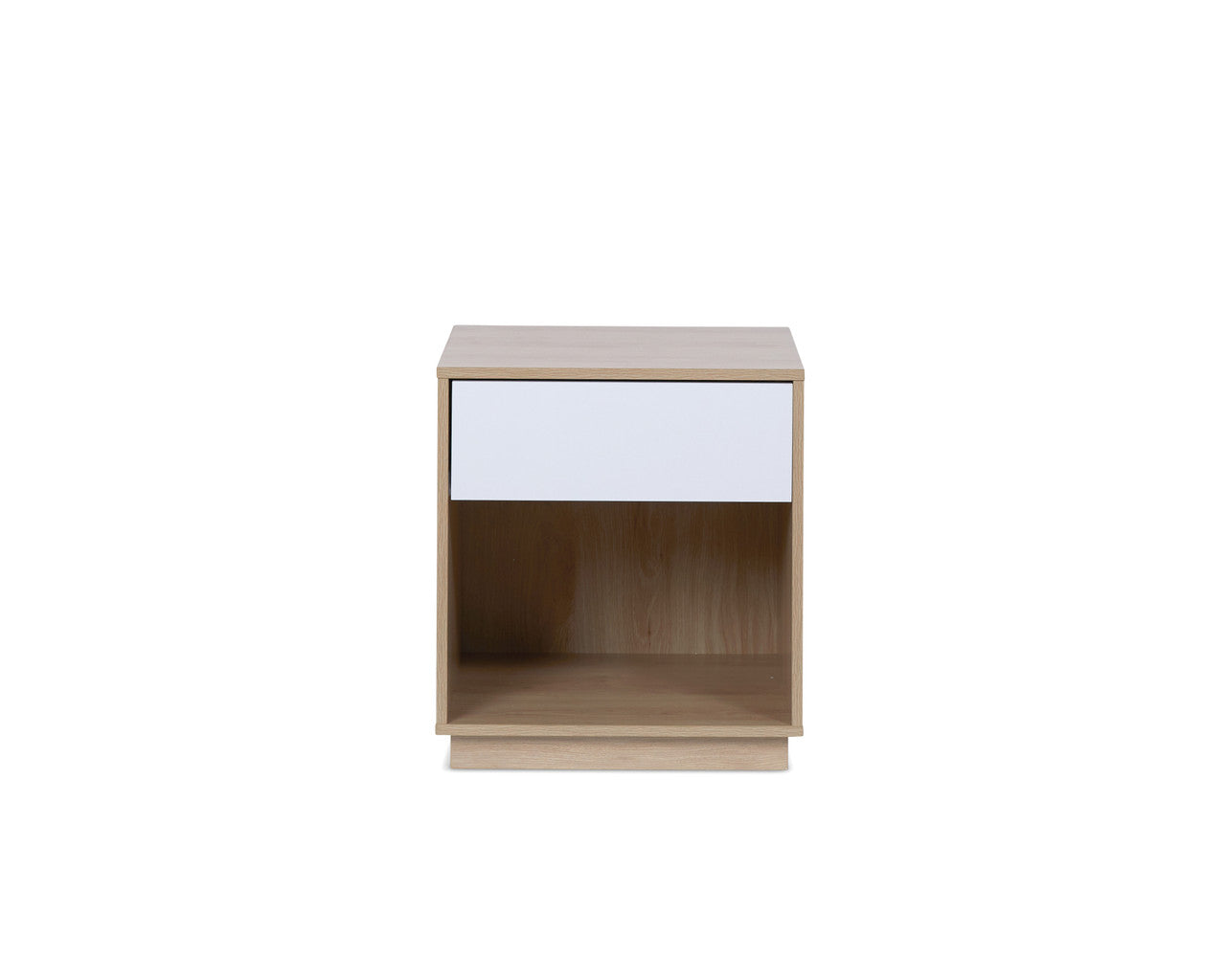 Imperial Homes coastal bedside pedestal with natural wood finish and white drawer front