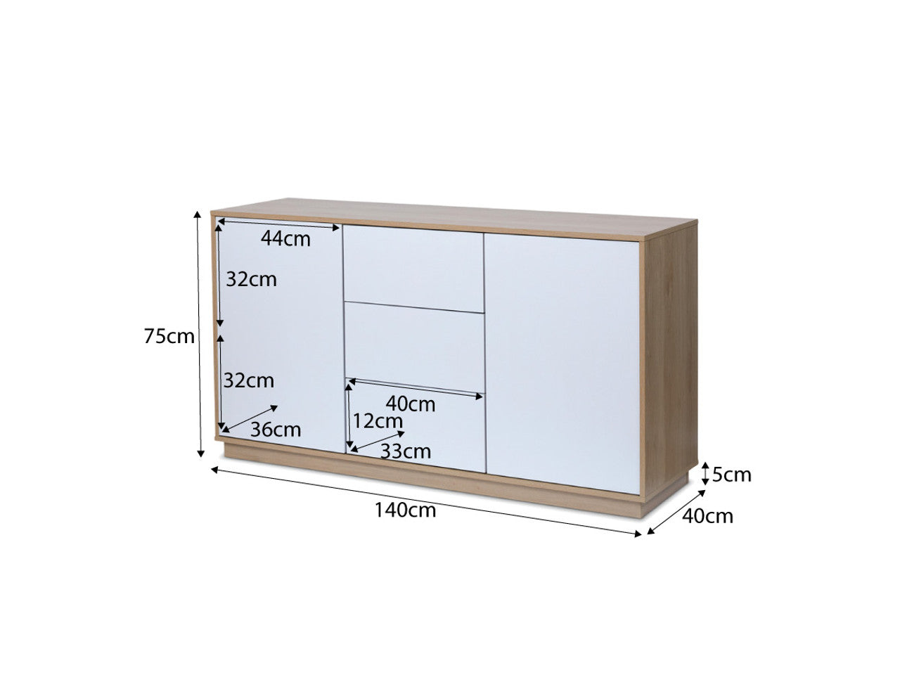 Imperial Homes coastal buffet sideboard with white doors and natural wood frame measuring 140cm wide
