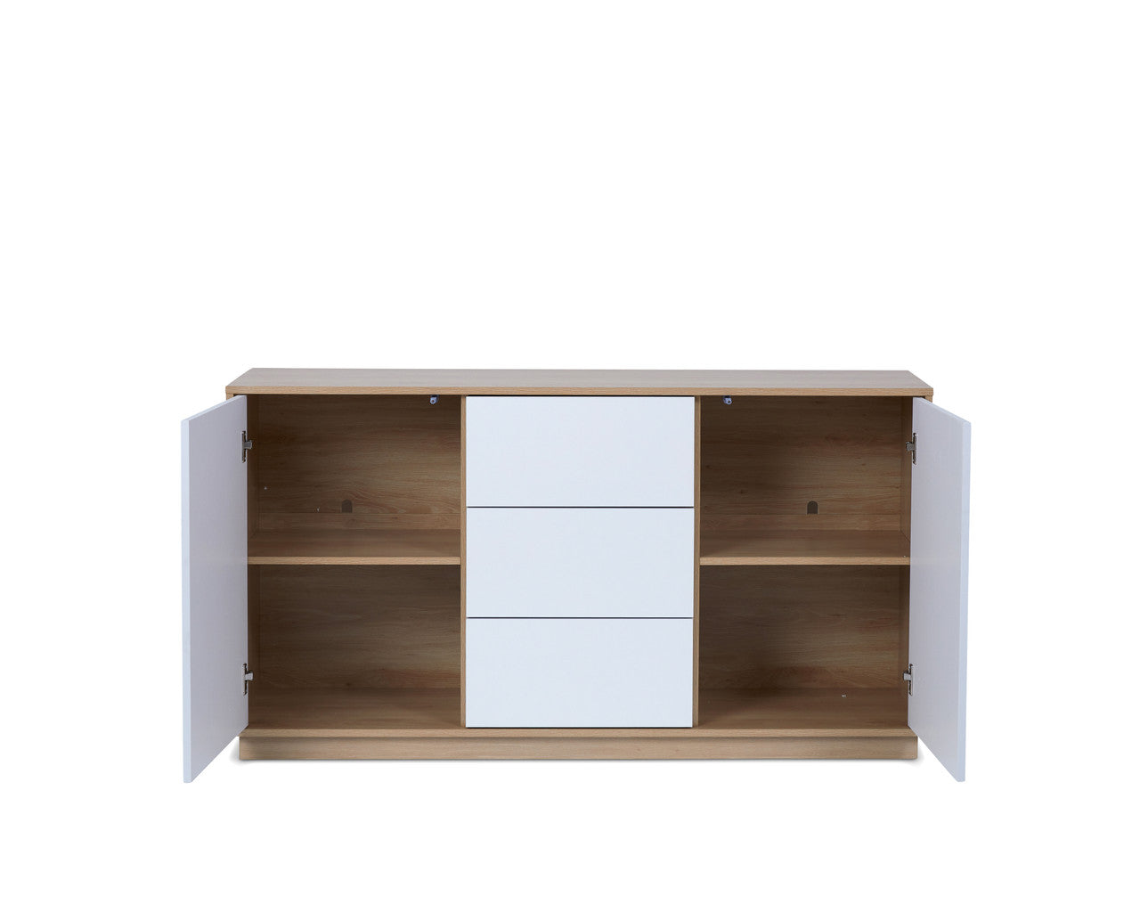 Imperial Homes coastal buffet sideboard with white drawers and open cabinet doors showing interior shelving