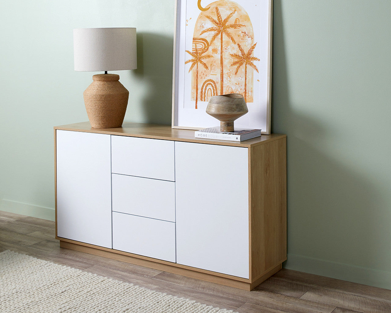 Imperial Homes coastal buffet sideboard with white doors and wood frame in modern living room