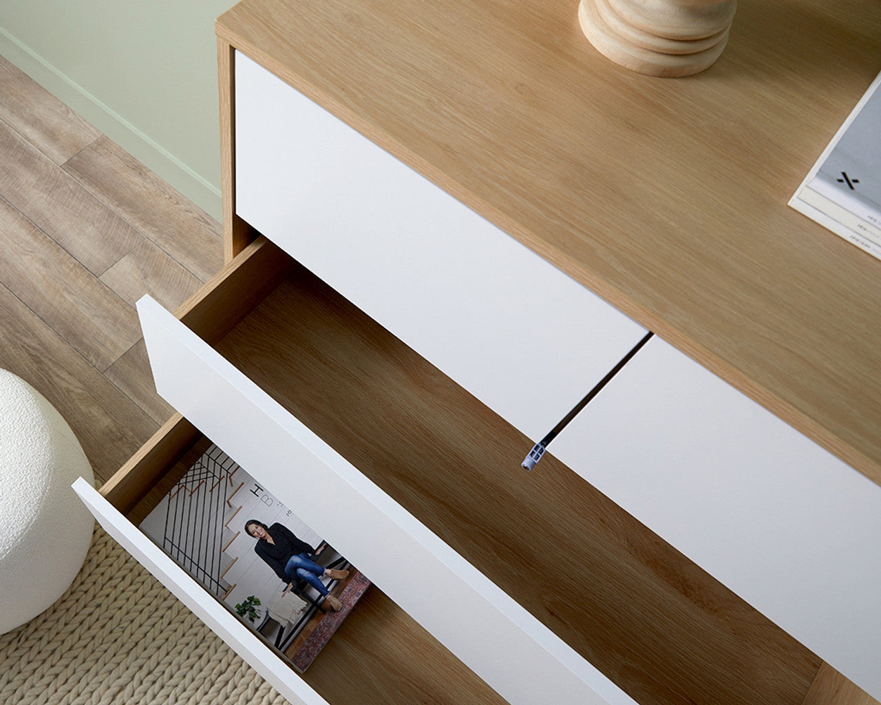 Imperial Homes coastal tallboy chest of drawers with white front and natural wood top in modern room