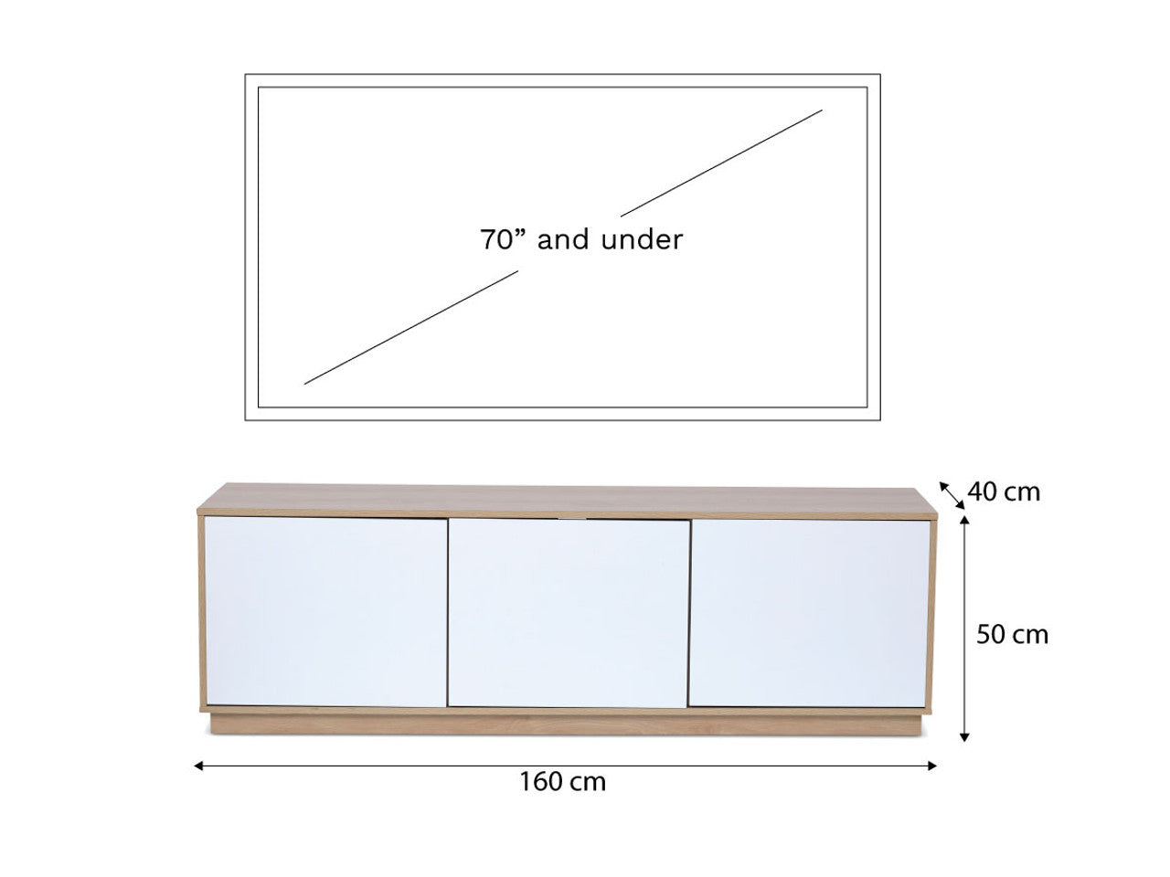 Imperial Homes coastal TV unit with white front panels and natural wood finish measuring 160 cm wide