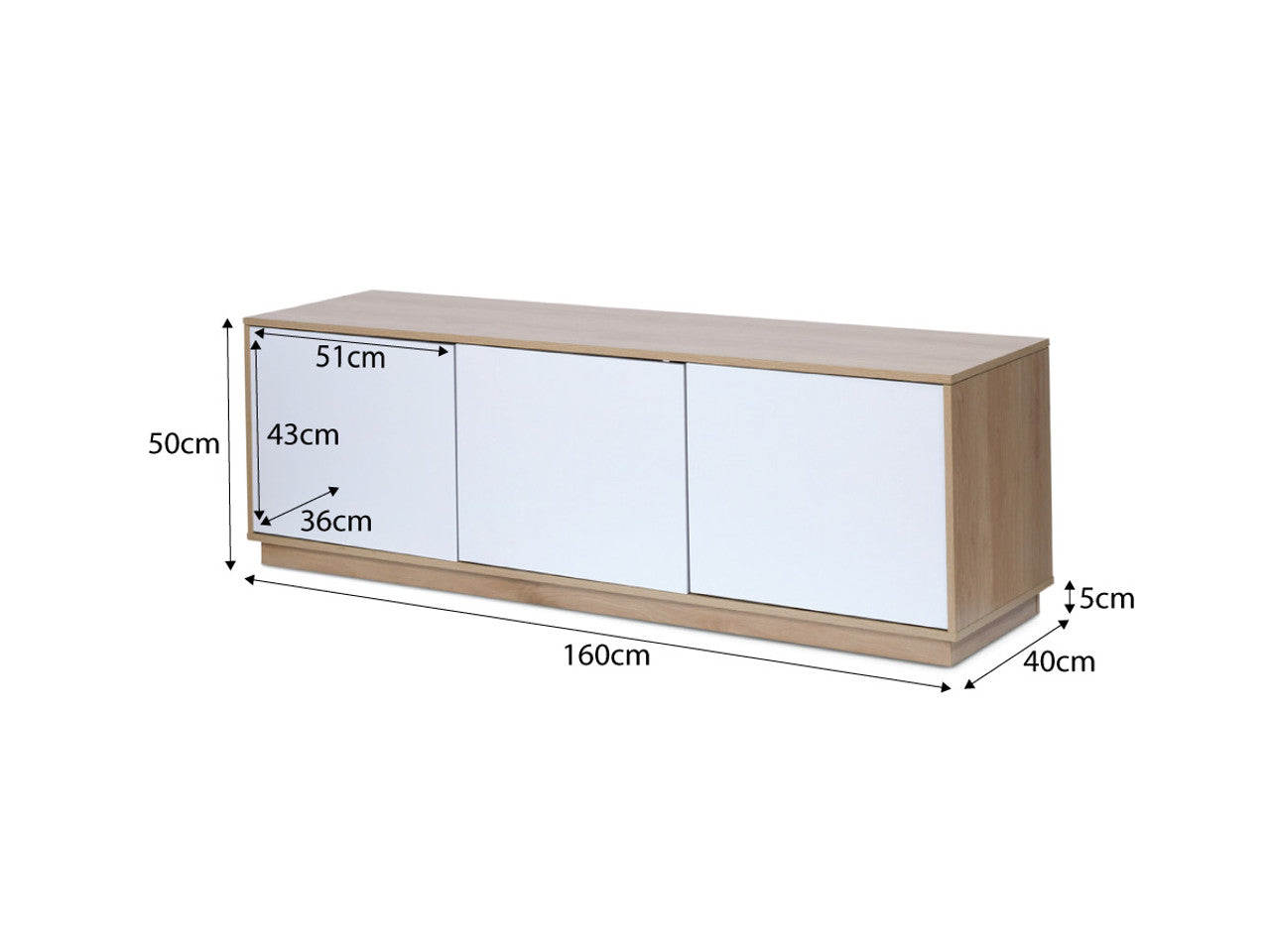 Imperial Homes coastal TV unit with light wood finish and three white cabinet doors measuring 160 cm wide