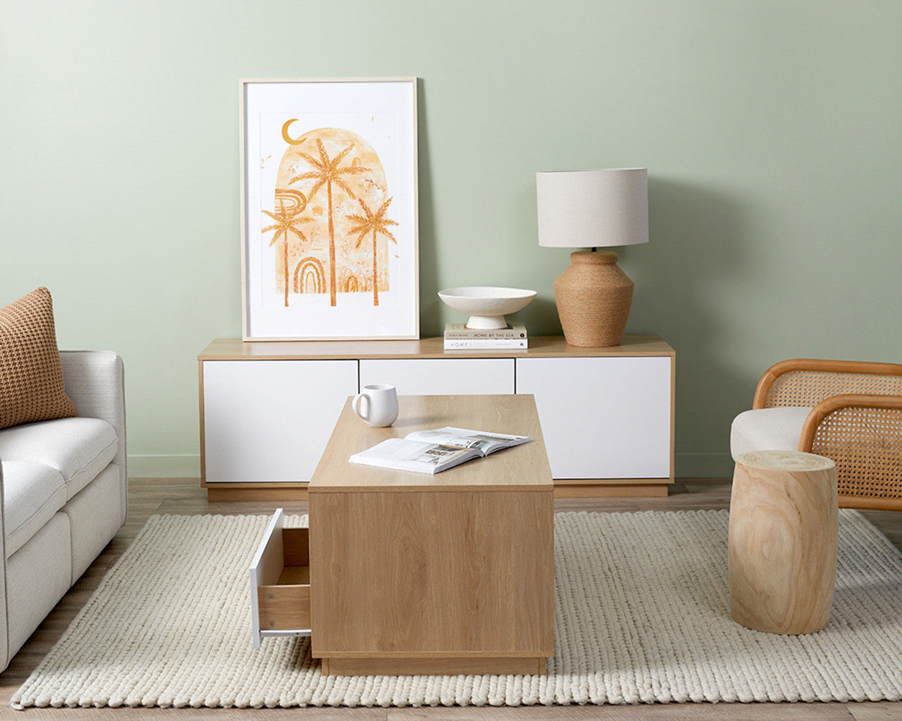 Imperial Homes coastal TV unit with wood and white doors in a modern living room setup