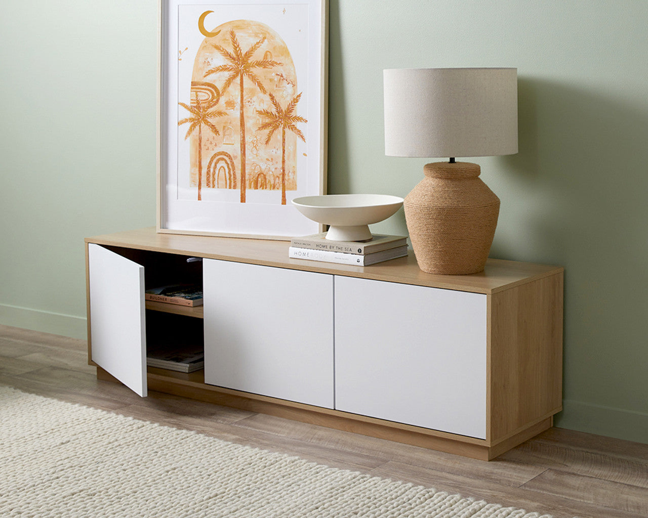 Imperial Homes modern coastal TV unit with white cabinet doors and light wood finish