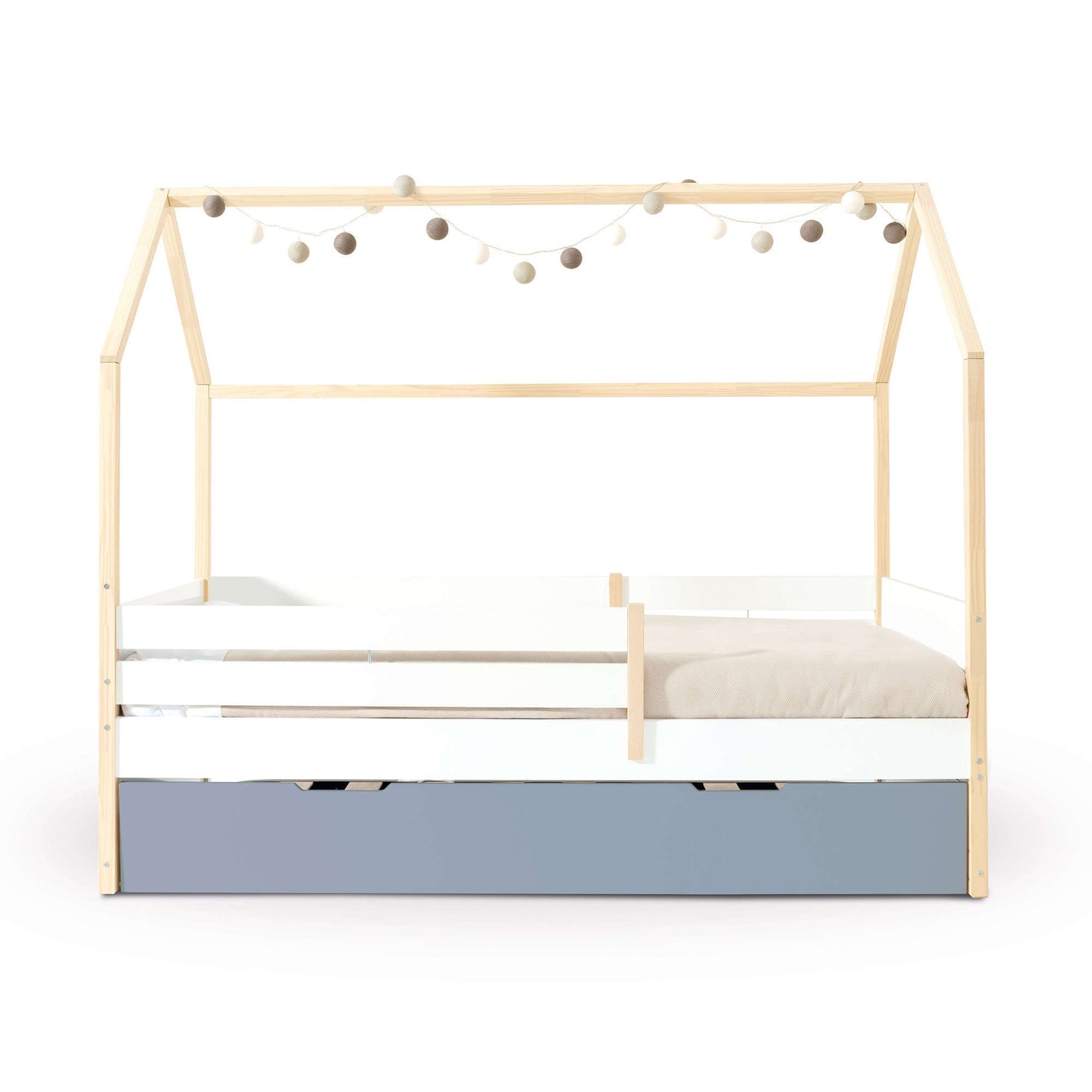 Imperial Homes House Teepee Bed with natural wood frame white base and decorative string lights