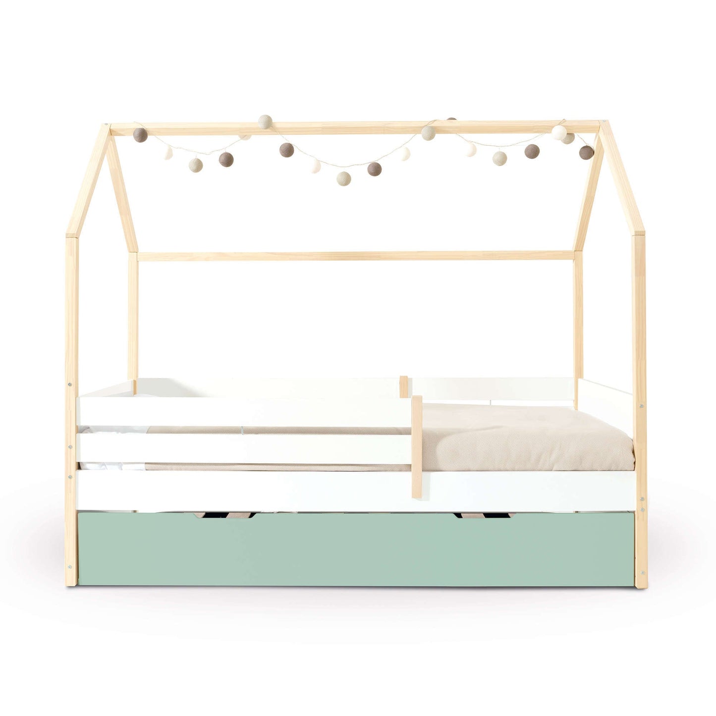 Imperial Homes House Teepee Bed with wooden frame and string lights over white mattress