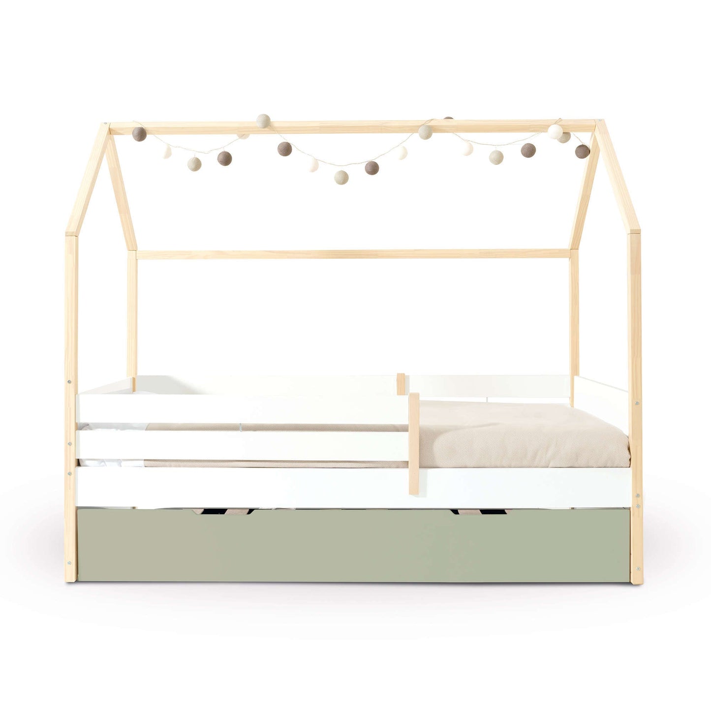 Imperial Homes House Teepee Bed with wooden frame and white safety rails decorated with string lights