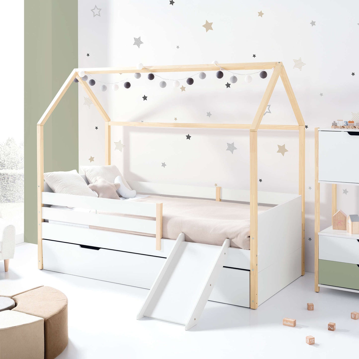 Imperial Homes House Teepee Bed with white frame, wooden roof structure, slide, and storage drawers