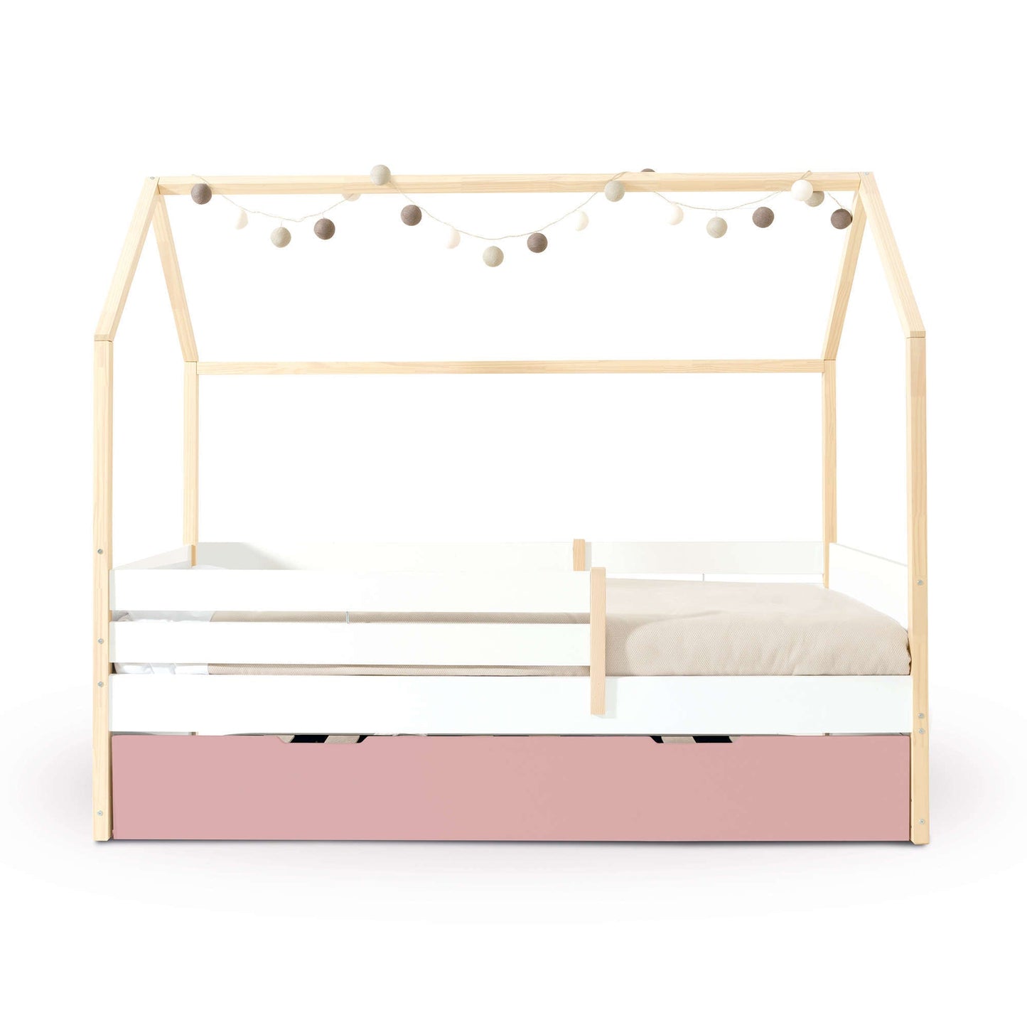 Imperial Homes House Teepee Bed with wooden frame and white guardrails decorated with string lights