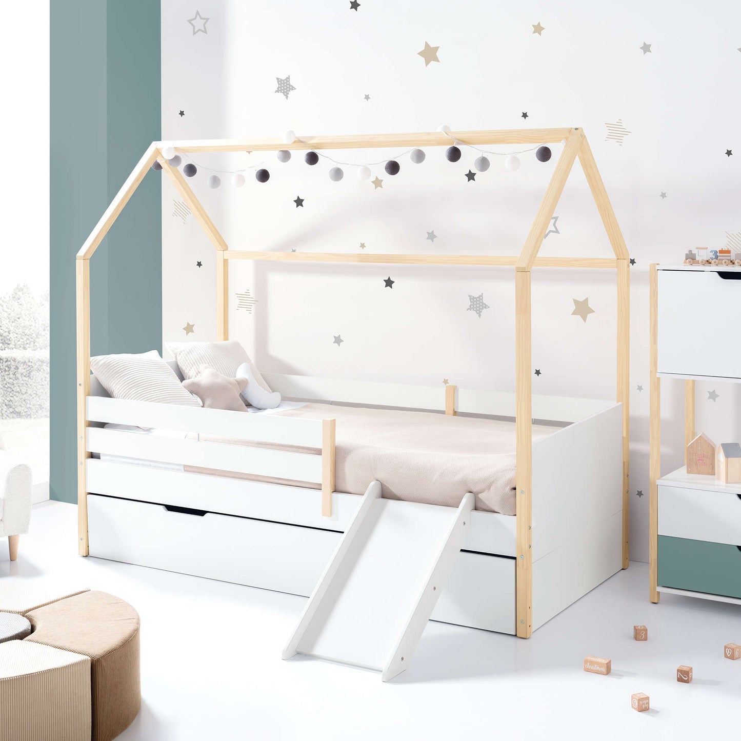 Imperial Homes House Teepee Bed with wooden frame and slide in a bright kids room