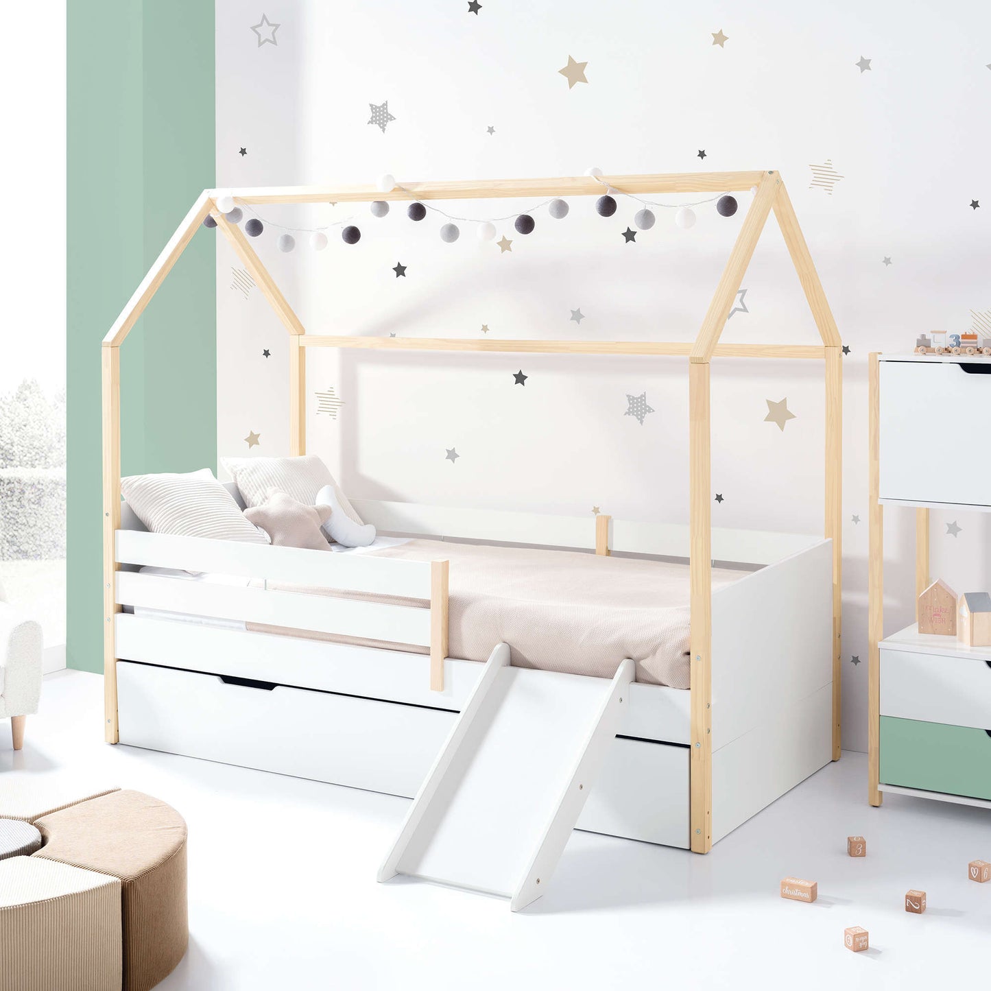 Imperial Homes House Teepee Bed with wooden frame and slide in a child’s bedroom