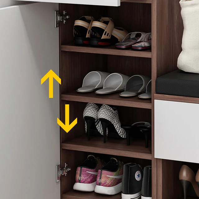 Imperial Homes minimalist entryway shoe storage with multiple shelves holding sandals, heels, and sneakers