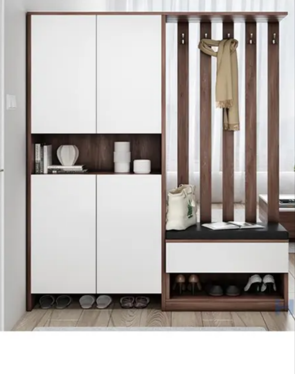Minimalist entryway shoe storage with white cabinets, wooden slats, hooks, and cushioned bench