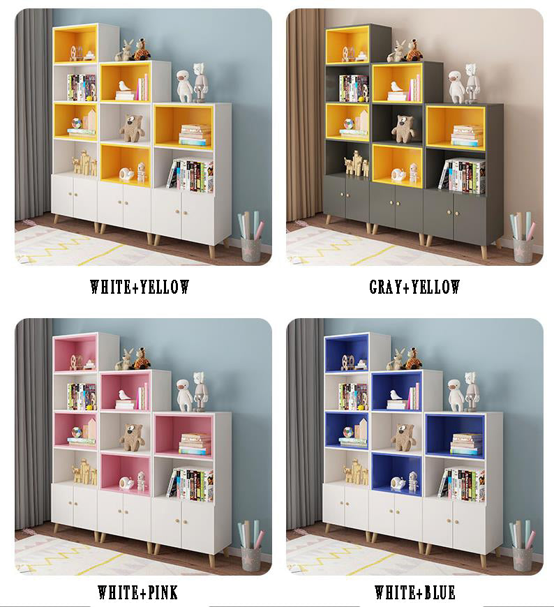 Modern bookshelf with cabinets in white yellow gray yellow white pink and white blue color options