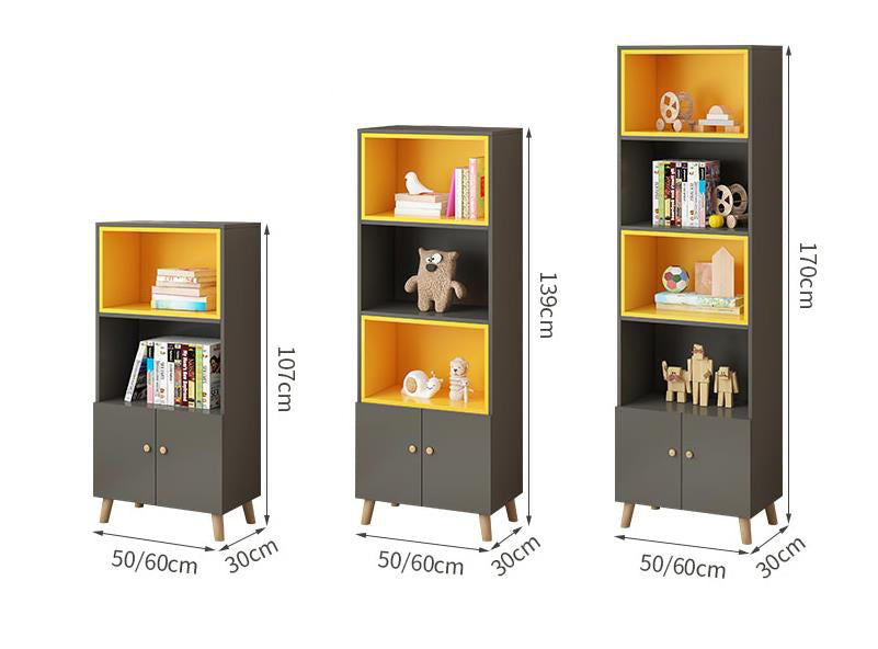 Imperial Homes modern bookshelf with cabinets in three sizes featuring dark frame and bright yellow interior shelves
