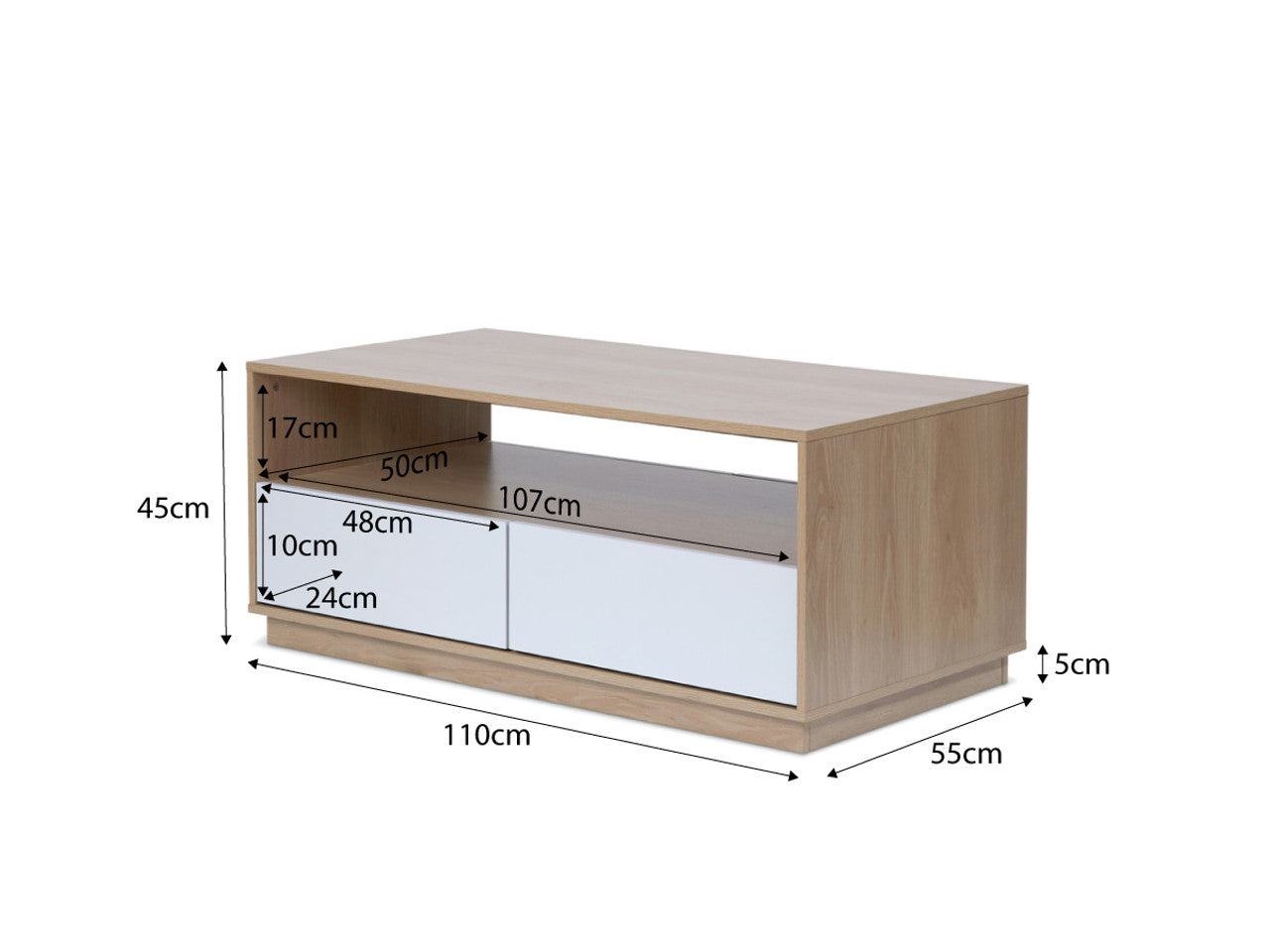 Imperial Homes modern minimalist coffee table with storage drawers and open shelf in wood finish