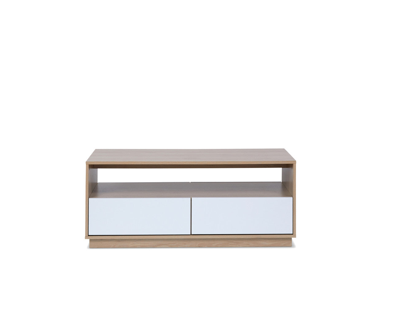 Imperial Homes modern minimalist coffee table in wood finish with two white drawers and open shelf