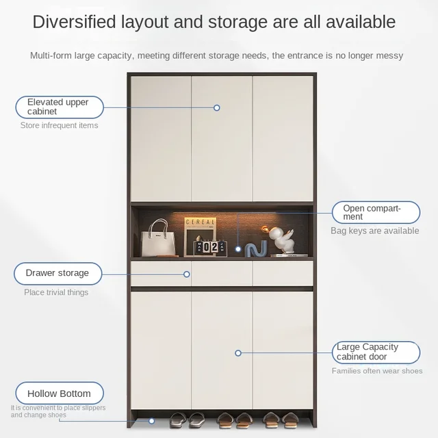 Imperial Homes modern shoe cabinet with elevated upper cabinet, drawer storage, open compartment, and hollow bottom for shoe organization
