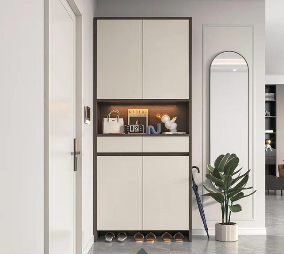 Imperial Homes tall entryway shoe organizer with storage cabinets and open shelf in modern entry hall