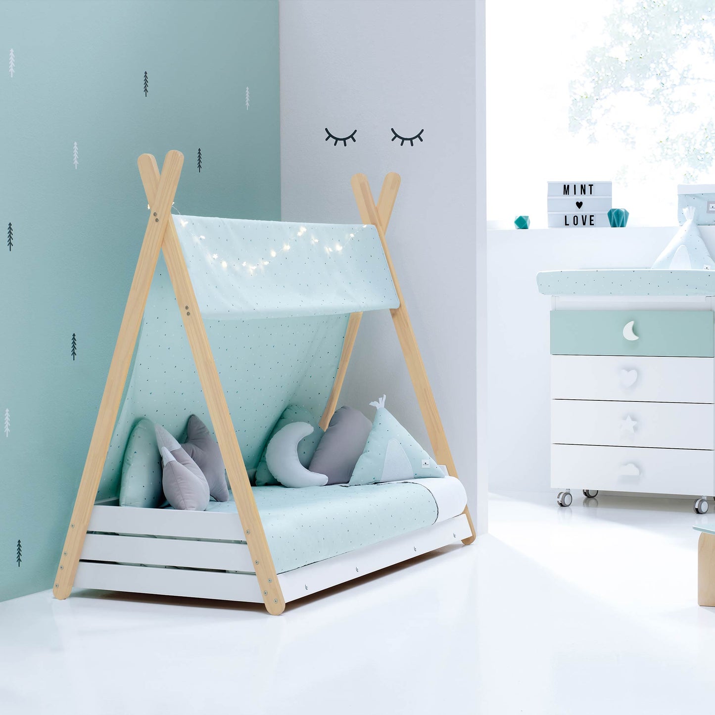 Imperial Homes Teepee Bed with light blue fabric and wooden frame in modern kids room