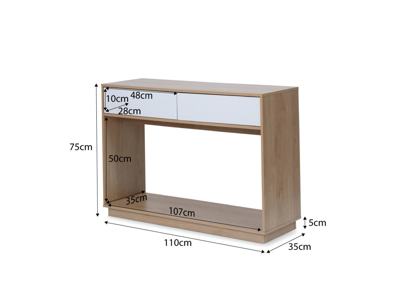 Imperial Homes coastal console table with two white drawers and natural wood finish measuring 110cm wide