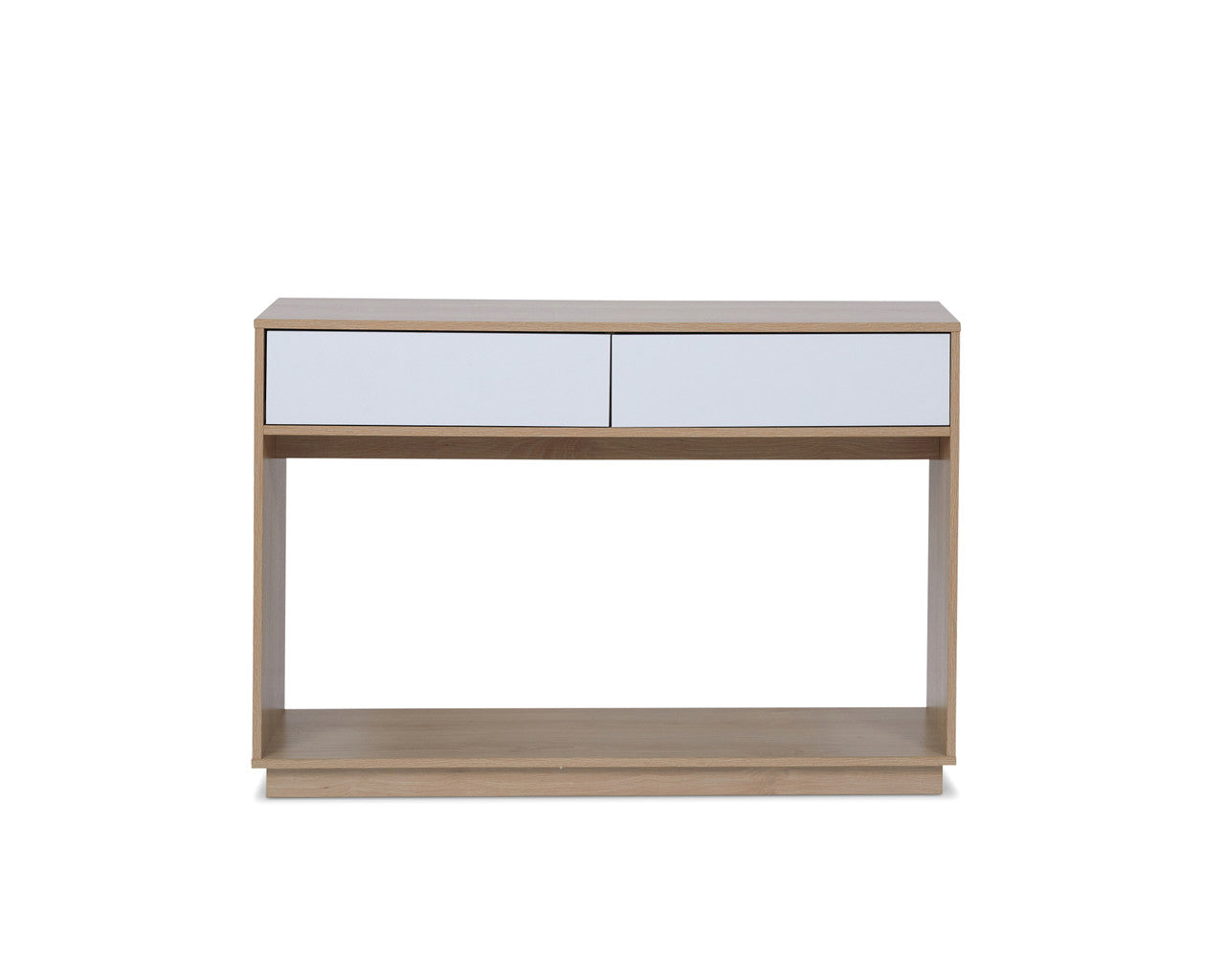 Imperial Homes coastal console table with natural wood finish and white drawer fronts