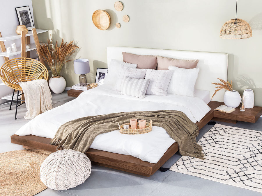 Imperial Homes minimalist platform bed with white headboard and wooden frame in modern bedroom