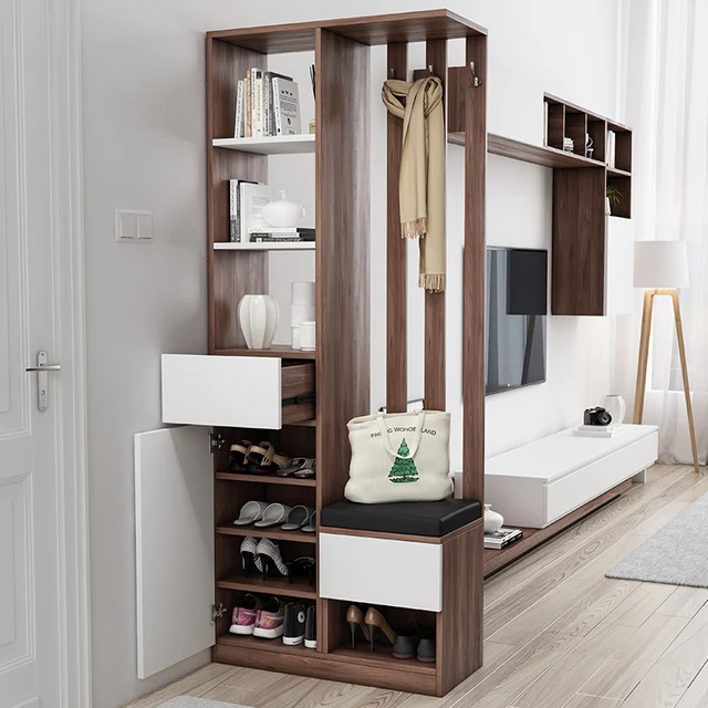 Imperial Homes modern entryway shoe cabinet with open shelves, drawers, hooks, and cushioned seating