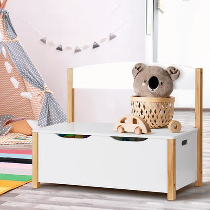 Imperial Homes 2-in-1 wooden toy storage bench with white body and natural wood accents in a kids room