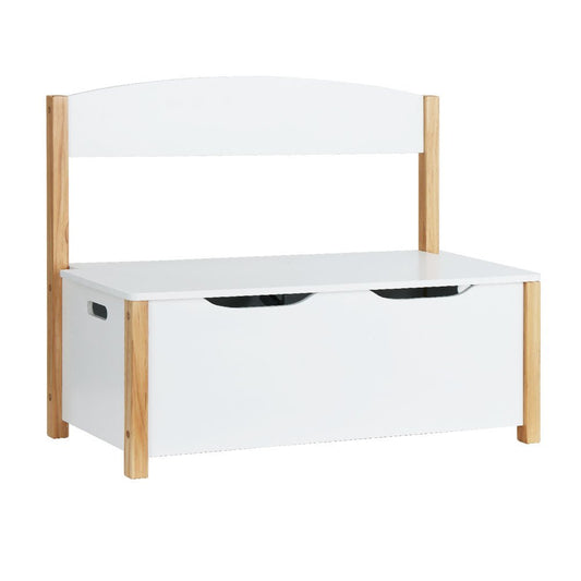 Imperial Homes 2-in-1 wooden toy storage bench with white finish and natural wood accents