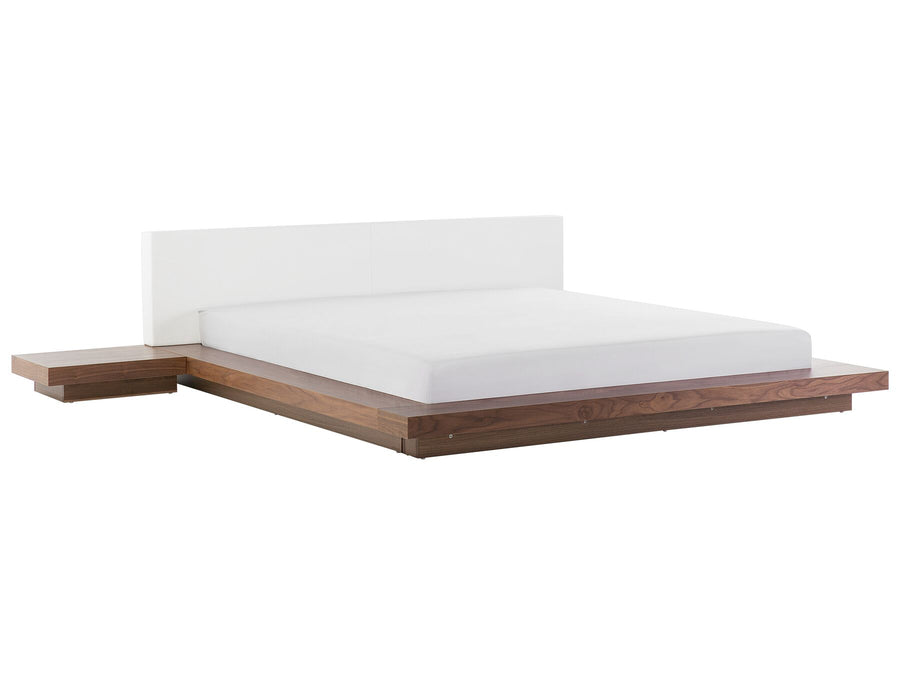Imperial Homes minimalist platform bed with white headboard and wooden base with side shelf