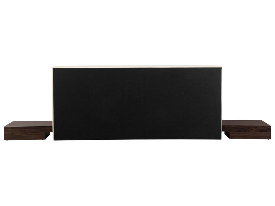 Imperial Homes minimalist platform bed with black upholstered headboard and dark wood floating nightstands