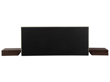 Imperial Homes minimalist platform bed with black upholstered headboard and dark wood floating nightstands