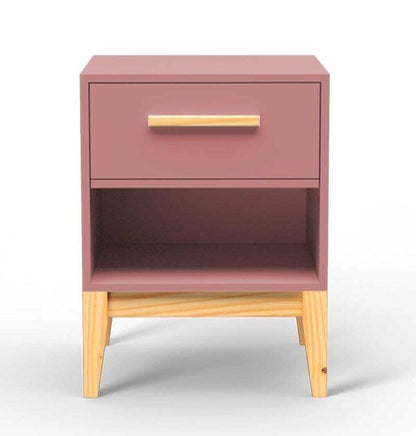 Imperial Homes pink wood side table with drawer and open shelf on wooden legs