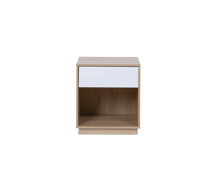 Imperial Homes coastal bedside pedestal with natural wood finish and white drawer front