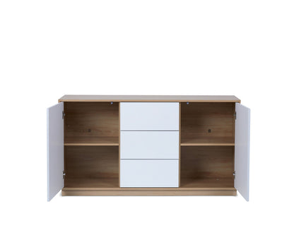Imperial Homes coastal buffet sideboard with white drawers and open cabinet doors showing interior shelving