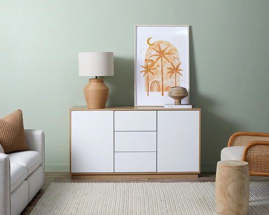 Imperial Homes coastal buffet sideboard with white drawers and wooden frame in modern living room