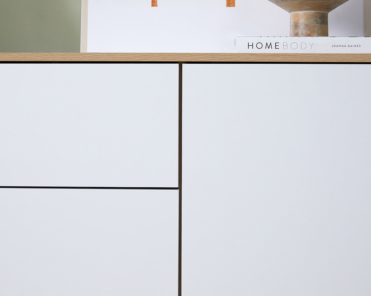 Imperial Homes modern coastal buffet sideboard with white doors and natural wood top