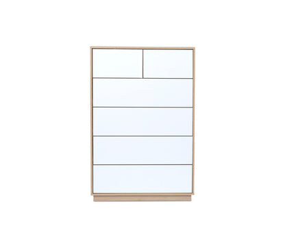 Imperial Homes coastal tallboy chest of drawers with white front panels and light wood frame