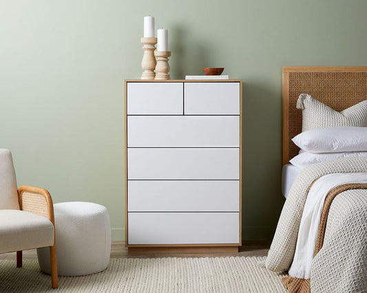Imperial Homes coastal tallboy chest of drawers with white front and wooden frame in bedroom setting